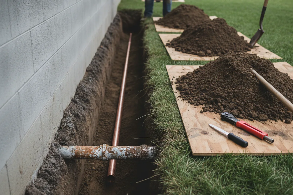 Excavated water line trench during Water Softener Installation in Belleville